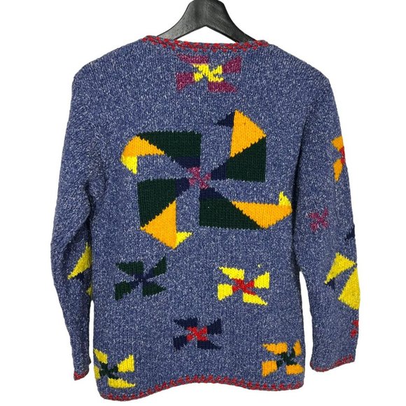 Purple Mountain Blue Windmill Pattern Knit Button Up Wool Blend Cardigan Small - Picture 2 of 6